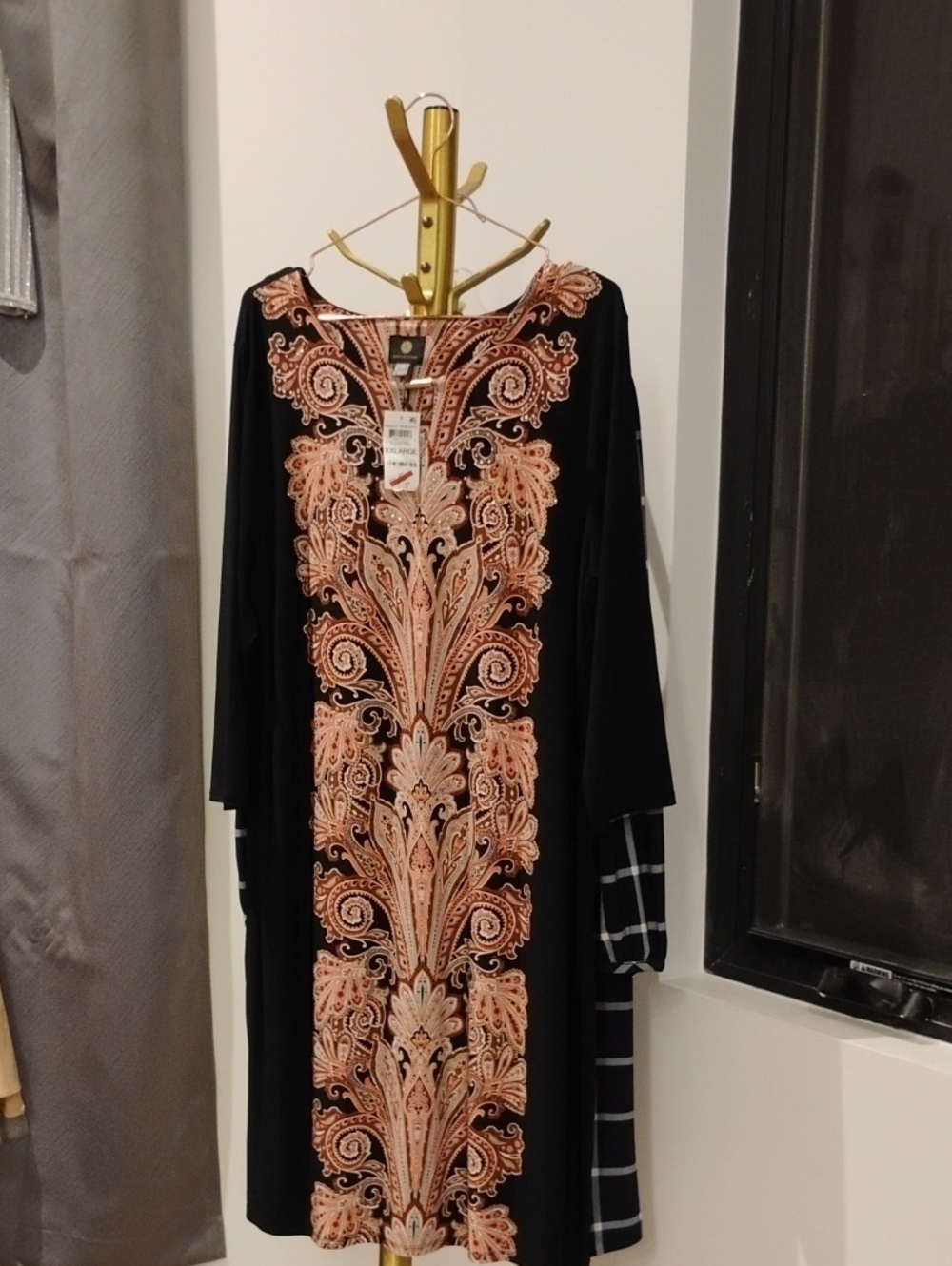 JM Collection Black Long-Sleeve Dress with Peach Floral Embroidery